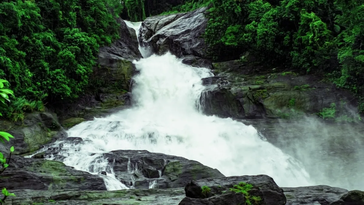 Bopath Ella waterfall cascading through lush green rainforest