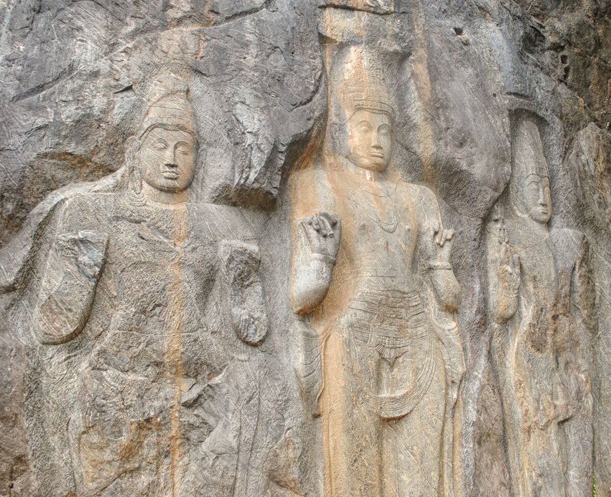 Close view of the ancient bodhisattva carvings at Buduruwagala temple in Sri Lanka