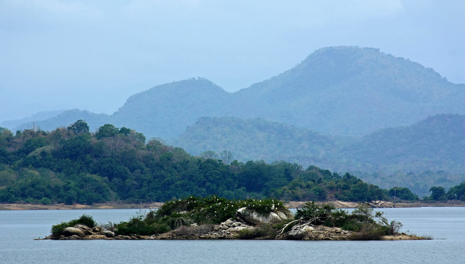 A small safari boat on the water of the Senanayake Samudraya reservoir at Gal Oya National Park, Sri Lanka