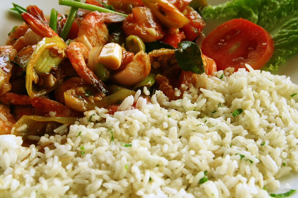 Freshly cooked rice and prawns at a restaurant in Sri Lanka